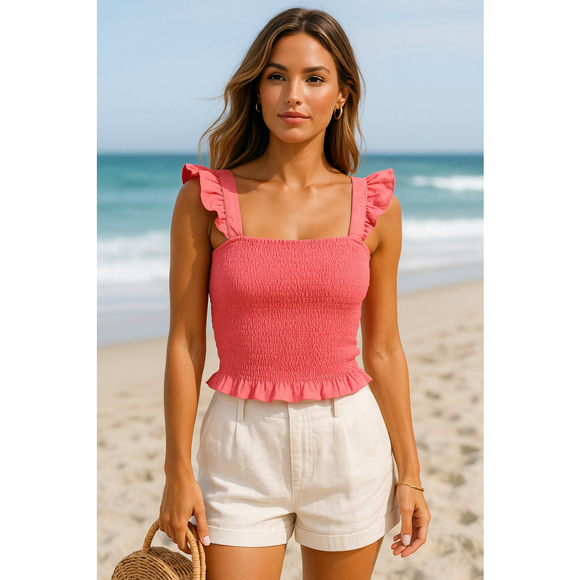 Old Navy Tops - Old Navy Smocked Top Cotton 100% Cottagecore Summer Bright Coral Coastal Beach